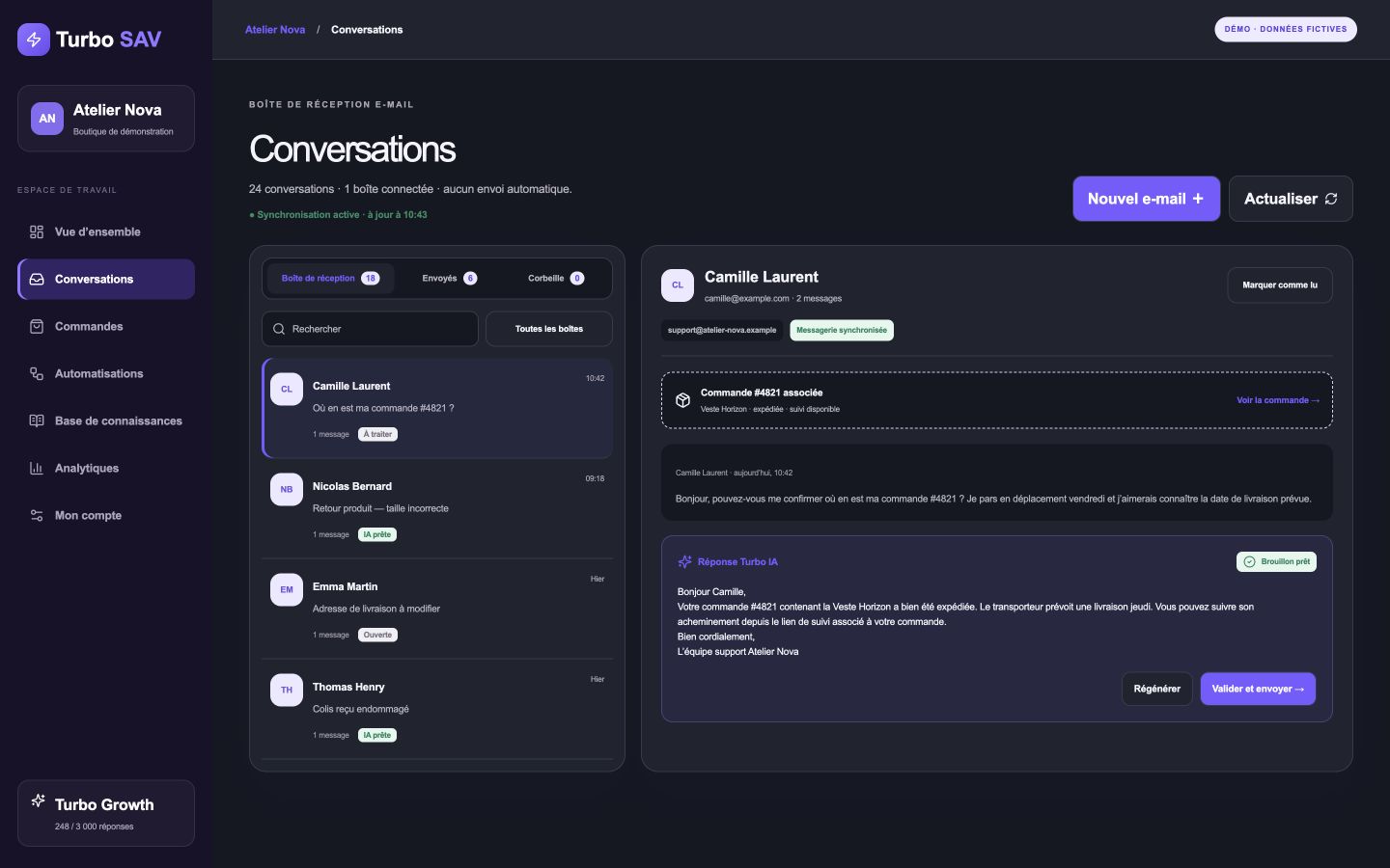 Aperçu fictif et anonymisé des conversations Turbo SAV en thème sombre