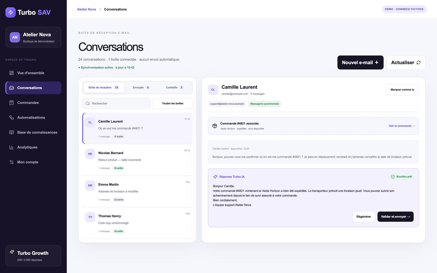 Aperçu fictif et anonymisé des conversations Turbo SAV en thème clair